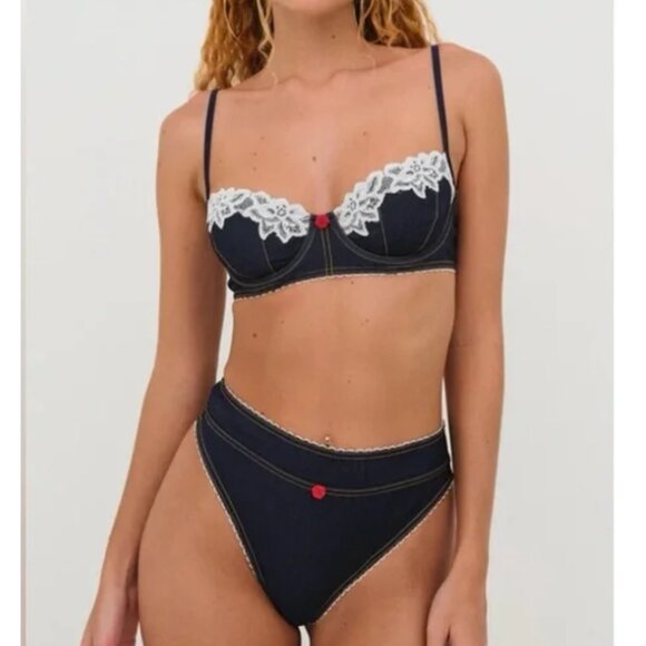 New! For Love and Lemons Iris High Waisted Cheeky Bikini Bottom Navy 1621 - Picture 2 of 10